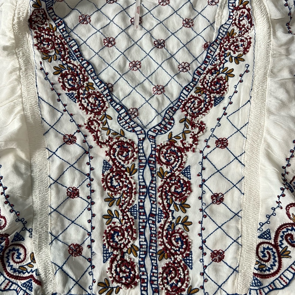 Free People White Holland Park Embroidered Boho Beaded Women's Blouse Sz Small - Picture 4 of 8